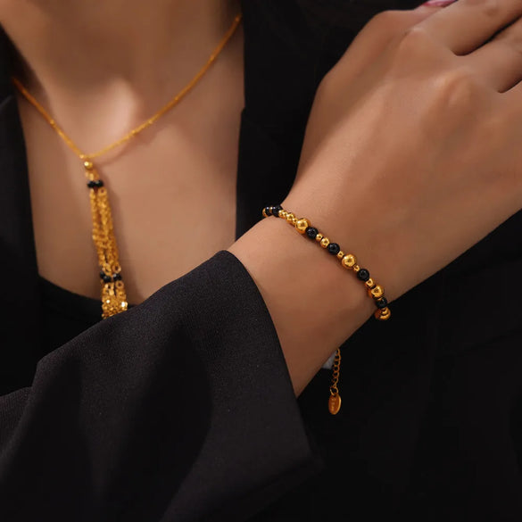 Wholesale Jewelry Retro Simple Style Round 304 Stainless Steel Agate 18K Gold Plated Beaded Plating Bracelets Earrings Necklace