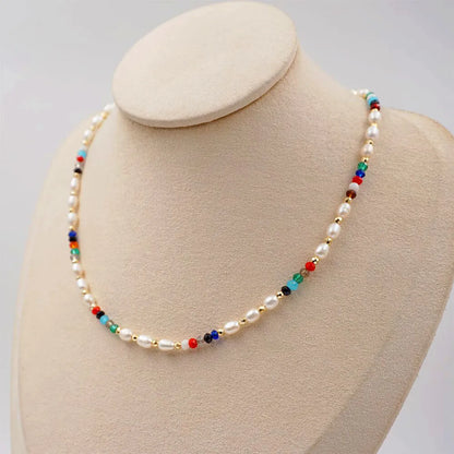 304 Stainless Steel Artificial Crystal Freshwater Pearl Gold Plated Casual Sweet Beaded Geometric Bracelets Necklace