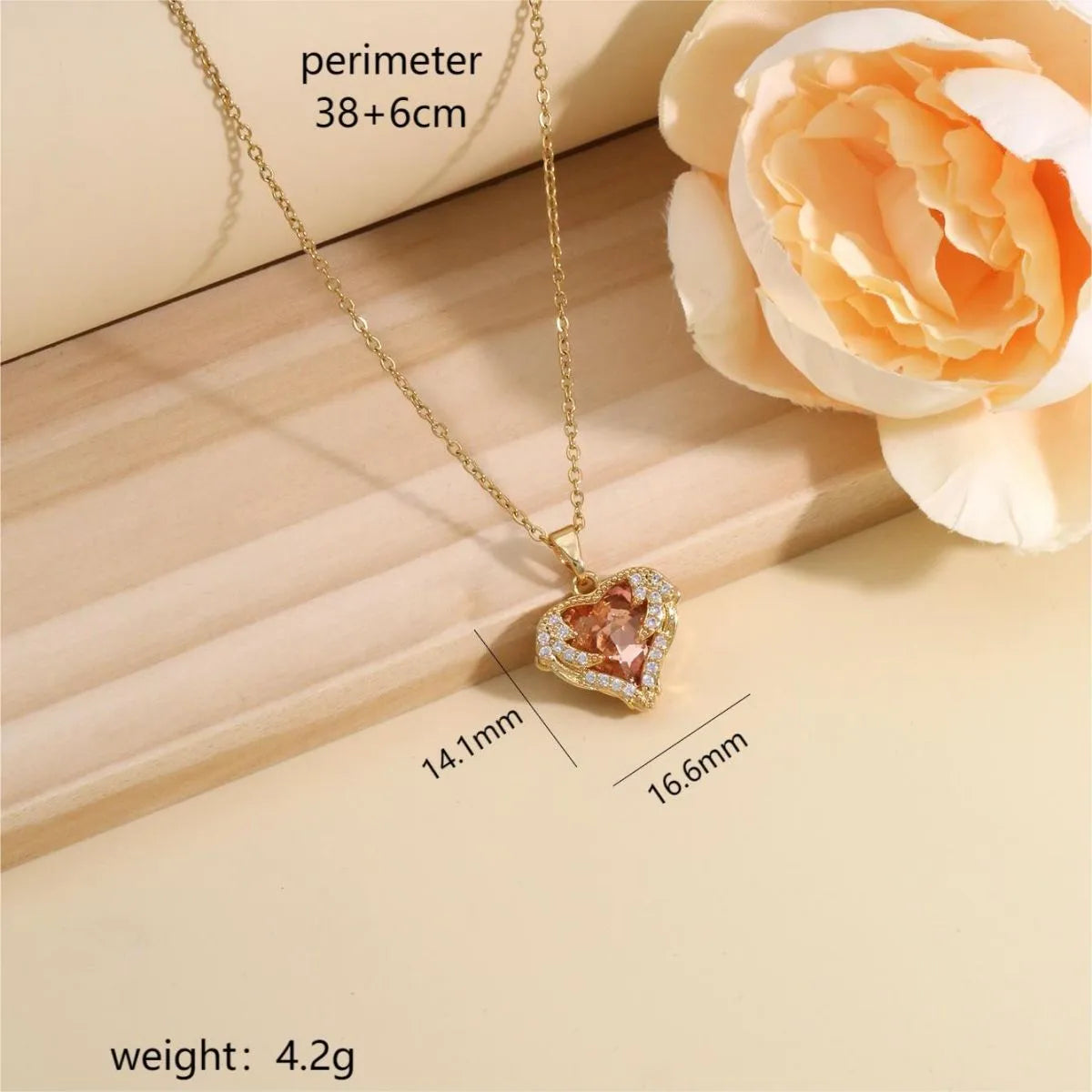 304 Stainless Steel Copper 14K Gold Plated Inlay Heart Shape Wings Zircon Pendant Necklace