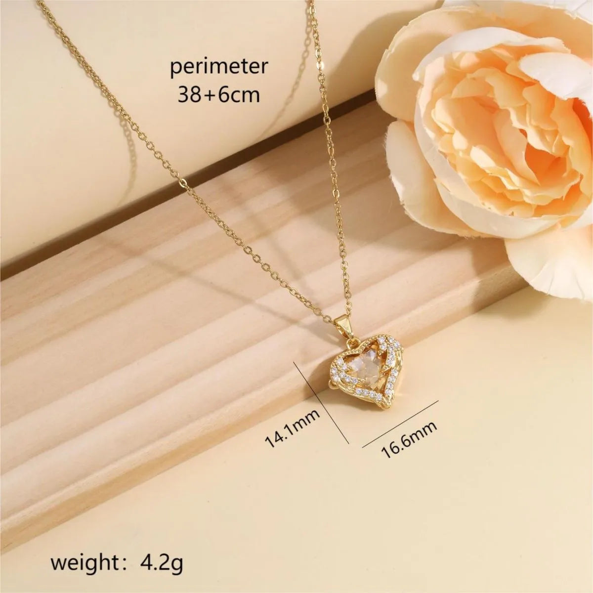 304 Stainless Steel Copper 14K Gold Plated Inlay Heart Shape Wings Zircon Pendant Necklace