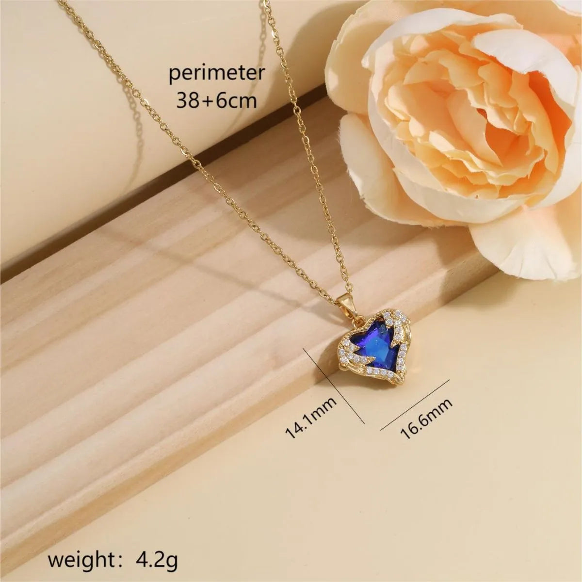 304 Stainless Steel Copper 14K Gold Plated Inlay Heart Shape Wings Zircon Pendant Necklace