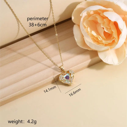 304 Stainless Steel Copper 14K Gold Plated Inlay Heart Shape Wings Zircon Pendant Necklace