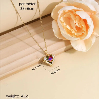 304 Stainless Steel Copper 14K Gold Plated Inlay Heart Shape Wings Zircon Pendant Necklace