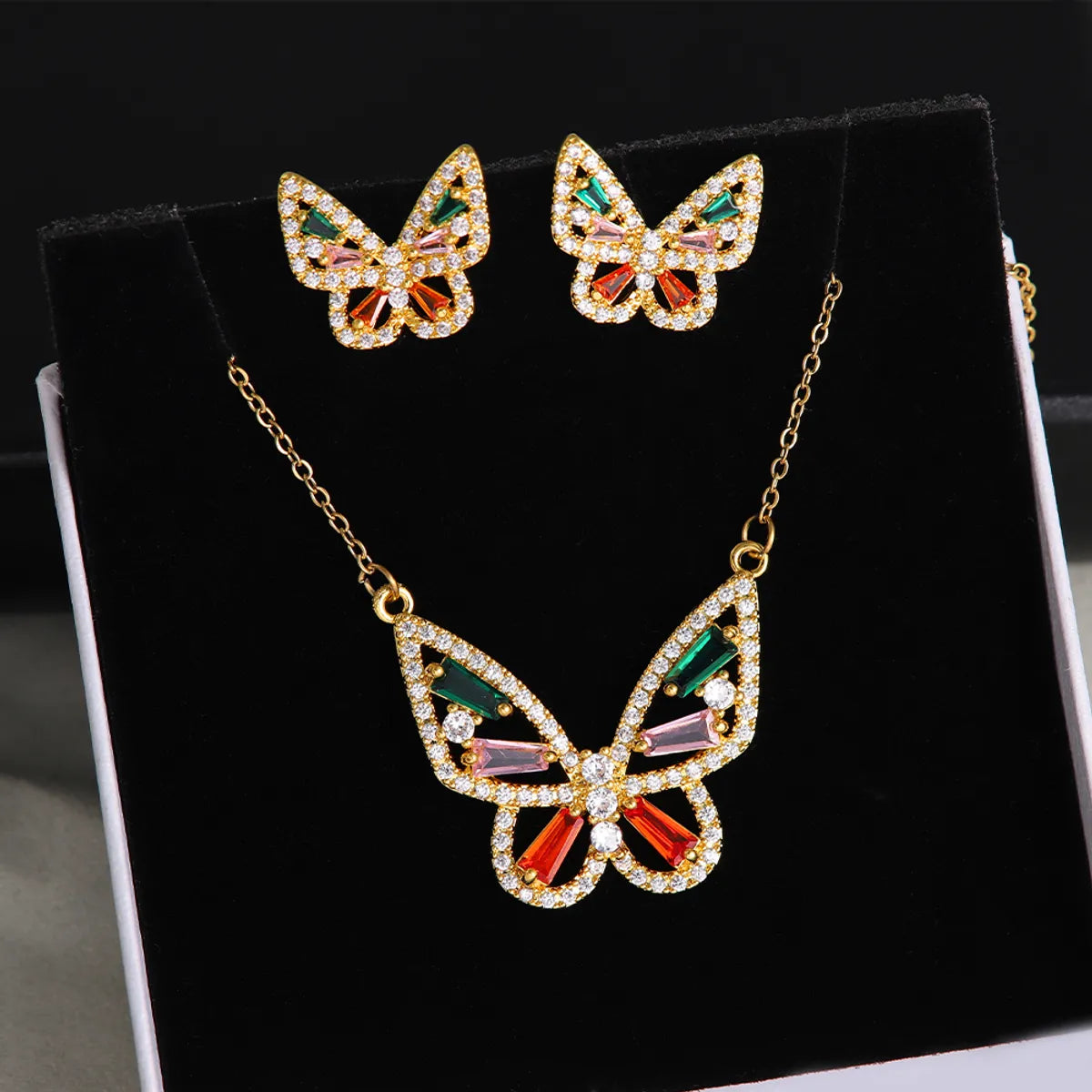 304 Stainless Steel Copper 18K Gold Plated Casual Elegant Lady Plating Inlay Butterfly Zircon Earrings Necklace Jewelry Set