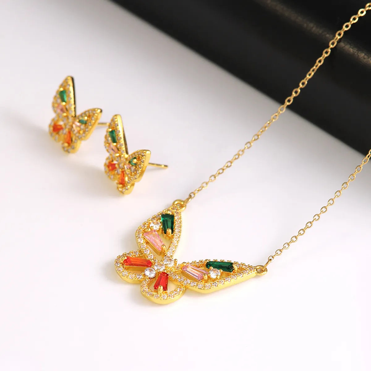 304 Stainless Steel Copper 18K Gold Plated Casual Elegant Lady Plating Inlay Butterfly Zircon Earrings Necklace Jewelry Set