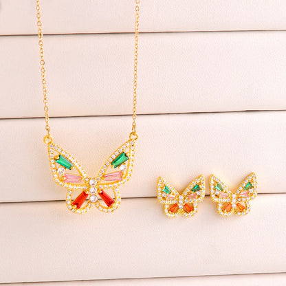 304 Stainless Steel Copper 18K Gold Plated Casual Elegant Lady Plating Inlay Butterfly Zircon Earrings Necklace Jewelry Set