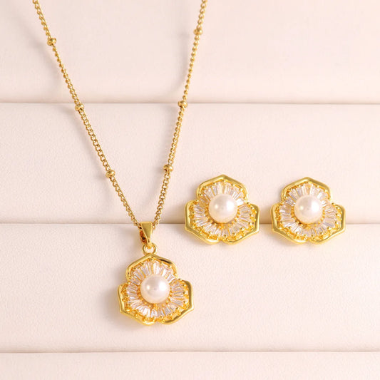 304 Stainless Steel Copper 18K Gold Plated Casual Elegant Shiny Plating Inlay Flower Artificial Pearls Zircon Earrings Necklace Jewelry Set