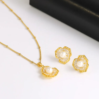 304 Stainless Steel Copper 18K Gold Plated Casual Elegant Shiny Plating Inlay Flower Artificial Pearls Zircon Earrings Necklace Jewelry Set