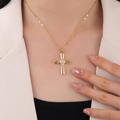 Wholesale Classic Style Cross 304 Stainless Steel Copper Inlay 18K Gold Plated Zircon Pendant Necklace