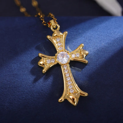 Wholesale Classic Style Cross 304 Stainless Steel Copper Inlay 18K Gold Plated Zircon Pendant Necklace