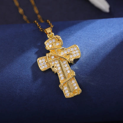 Wholesale Classic Style Cross 304 Stainless Steel Copper Inlay 18K Gold Plated Zircon Pendant Necklace