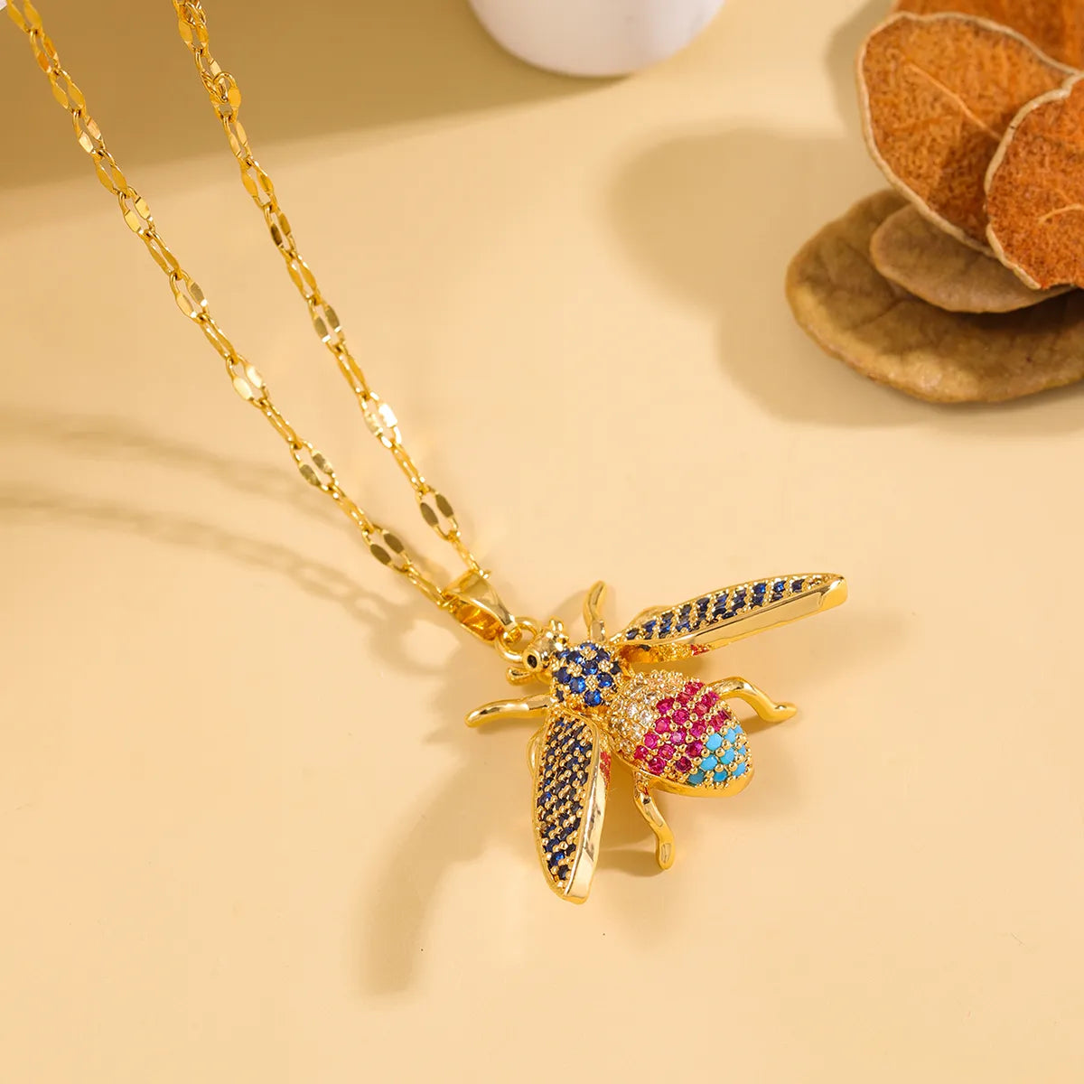 Wholesale Cute Animal Insect 304 Stainless Steel Copper Inlay 18K Gold Plated Zircon Pendant Necklace