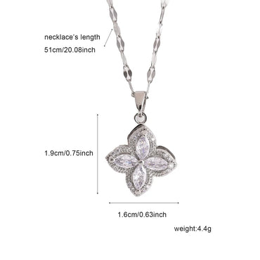 Wholesale Elegant Four Leaf Clover 304 Stainless Steel Copper Inlay Silver Plated Zircon Pendant Necklace