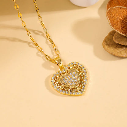 Wholesale Elegant Heart Shape 304 Stainless Steel Copper Inlay 18K Gold Plated Zircon Pendant Necklace