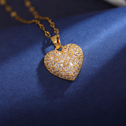 Wholesale Elegant Heart Shape 304 Stainless Steel Copper Inlay 18K Gold Plated Zircon Pendant Necklace