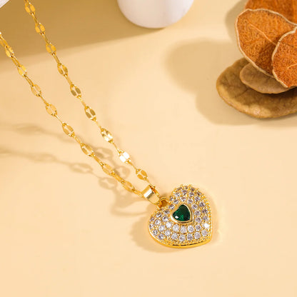 Wholesale Elegant Heart Shape 304 Stainless Steel Copper Inlay 18K Gold Plated Zircon Pendant Necklace