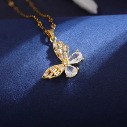 Wholesale Elegant Sunflower Flower Butterfly 304 Stainless Steel Copper Inlay 18K Gold Plated Zircon Pendant Necklace