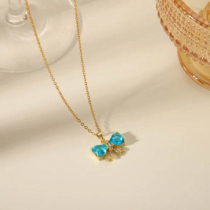 304 Stainless Steel Copper 18K Gold Plated Exaggerated Sweet Simple Style Plating Inlay Bow Knot Zircon Pendant Necklace