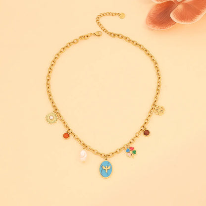 304 Stainless Steel Copper 18K Gold Plated Flowers Inlay Flower Shell Glass Double Layer Necklaces