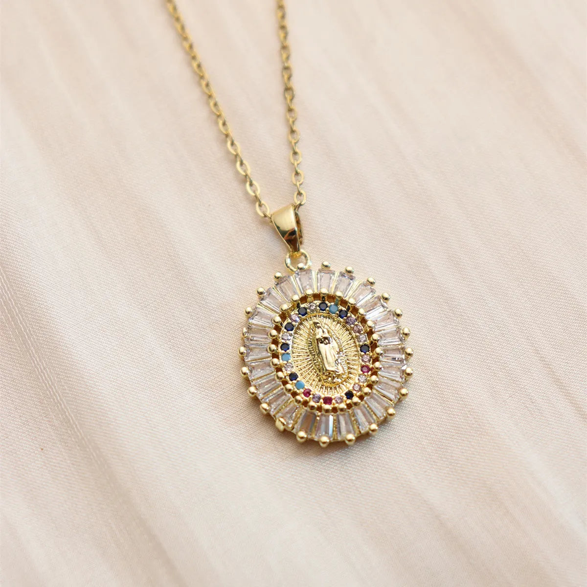 Wholesale IG Style Human Madonna Of The Yarnwinder 304 Stainless Steel Copper Inlay 18K Gold Plated Zircon Pendant Necklace