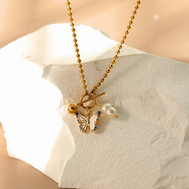 304 Stainless Steel Copper 18K Gold Plated Inlay Butterfly Freshwater Pearl Copper Zircon Pendant Necklace