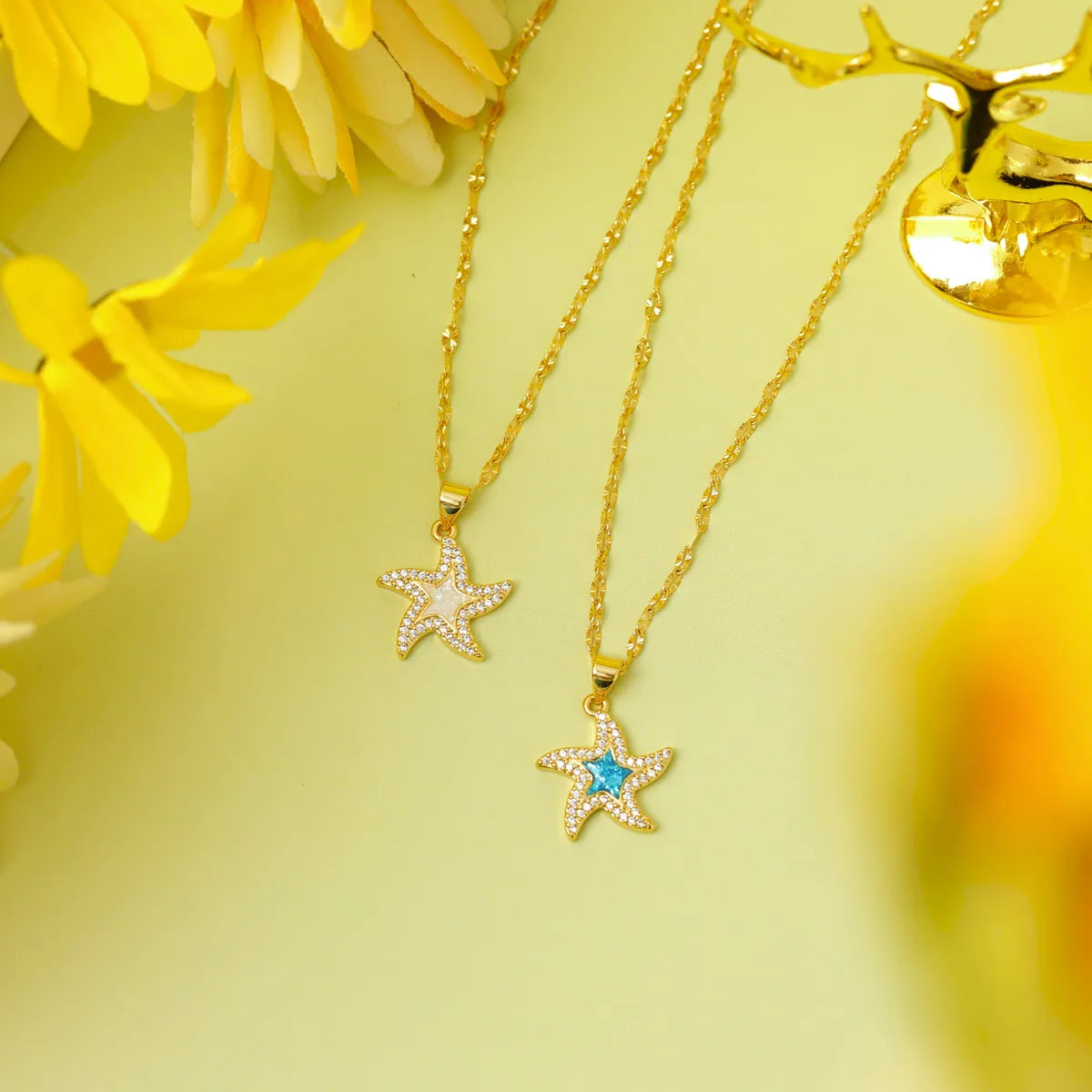 304 Stainless Steel Copper 18K Gold Plated Inlay Starfish Gem Resin Zircon Pendant Necklace