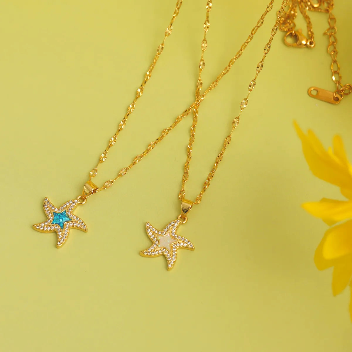 304 Stainless Steel Copper 18K Gold Plated Inlay Starfish Gem Resin Zircon Pendant Necklace