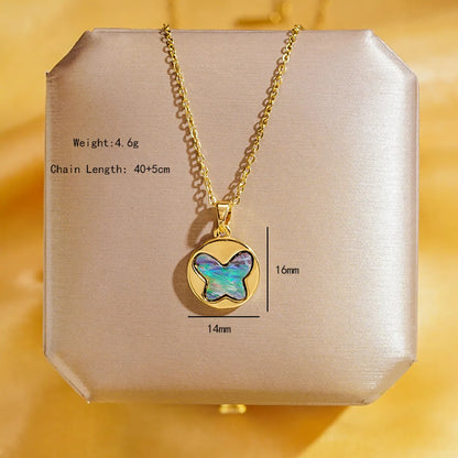 304 Stainless Steel Copper 18K Gold Plated K Gold Plated Cute Inlay Flower Butterfly Acrylic Shell Zircon Pendant Necklace