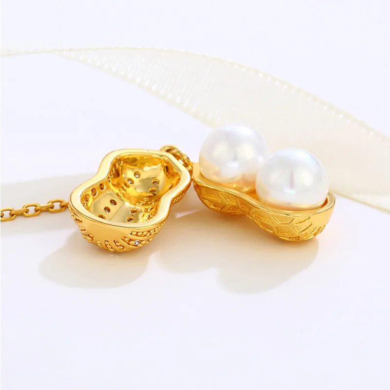 304 Stainless Steel Copper 24K Gold Plated Retro Classic Style Plating Inlay Peanut Artificial Gemstones Pendant Necklace