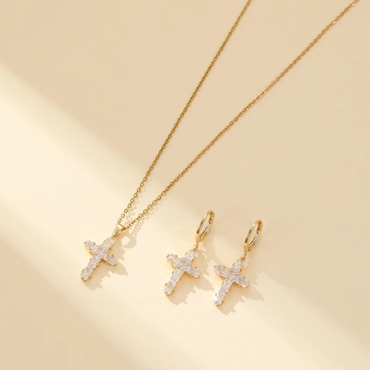 304 Stainless Steel Copper Gold Plated Luxurious Classic Style Inlay Cross Zircon Earrings Necklace Jewelry Set