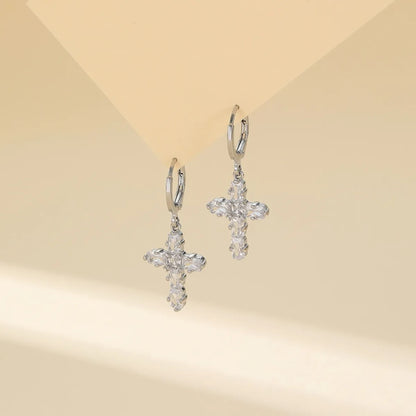 304 Stainless Steel Copper Gold Plated Luxurious Classic Style Inlay Cross Zircon Earrings Necklace Jewelry Set