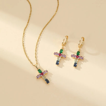 304 Stainless Steel Copper Gold Plated Luxurious Classic Style Inlay Cross Zircon Earrings Necklace Jewelry Set