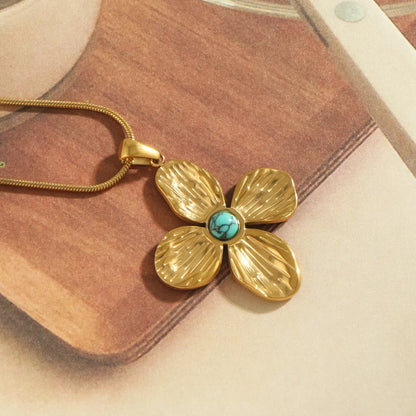 304 Stainless Steel Copper Gold Plated Plating Inlay Flower Turquoise Shell Pendant Necklace