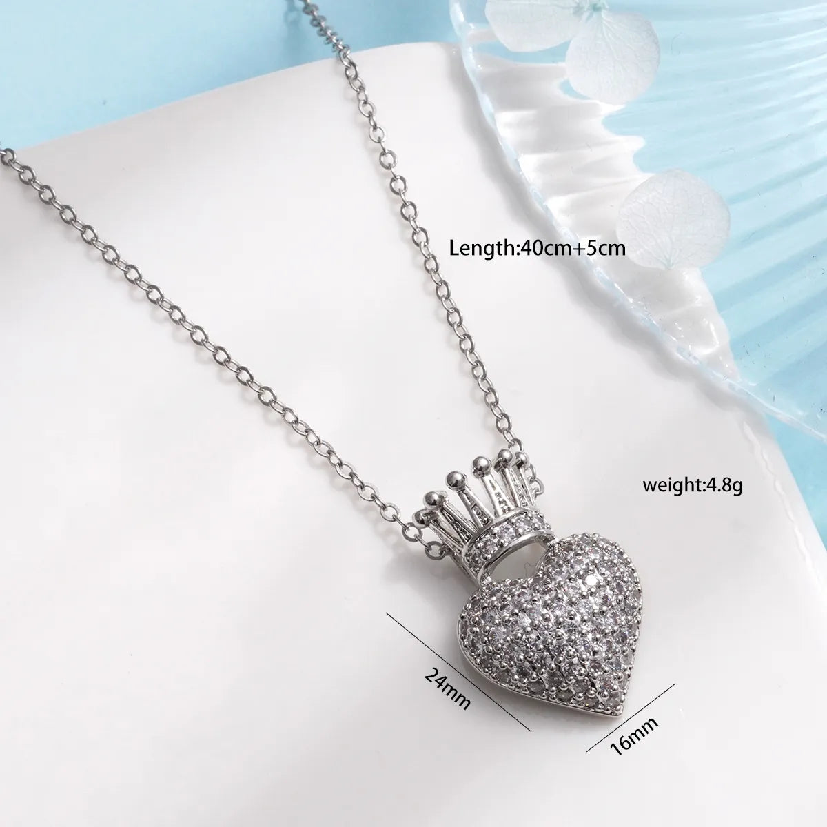 304 Stainless Steel Copper Inlay Heart Shape Crown Zircon Pendant Necklace