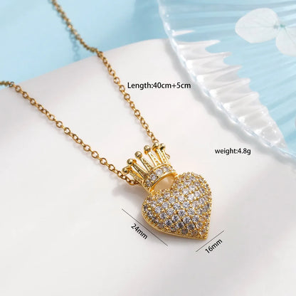 304 Stainless Steel Copper Inlay Heart Shape Crown Zircon Pendant Necklace