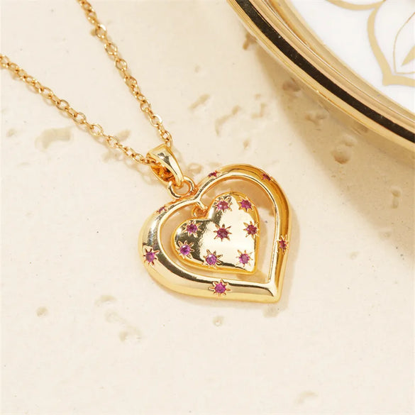 304 Stainless Steel Copper K Gold Plated Basic Modern Style Classic Style Three-Dimensional Inlay Double Heart Heart Shape Zircon Pendant Necklace