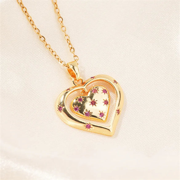 304 Stainless Steel Copper K Gold Plated Basic Modern Style Classic Style Three-Dimensional Inlay Double Heart Heart Shape Zircon Pendant Necklace