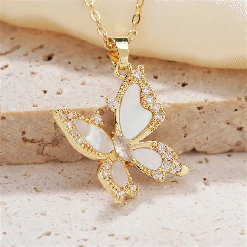 304 Stainless Steel Copper K Gold Plated Casual Vacation Sweet Three-Dimensional Inlay Butterfly Shell Zircon Pendant Necklace