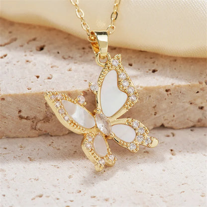 304 Stainless Steel Copper K Gold Plated Casual Vacation Sweet Three-Dimensional Inlay Butterfly Shell Zircon Pendant Necklace