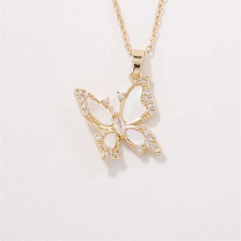 304 Stainless Steel Copper K Gold Plated Casual Vacation Sweet Three-Dimensional Inlay Butterfly Shell Zircon Pendant Necklace