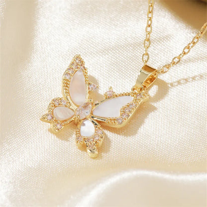 304 Stainless Steel Copper K Gold Plated Casual Vacation Sweet Three-Dimensional Inlay Butterfly Shell Zircon Pendant Necklace