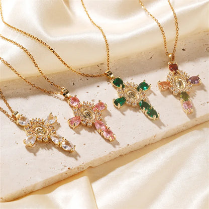 304 Stainless Steel Copper K Gold Plated Classic Style Shiny Plating Inlay Cross Zircon Necklace