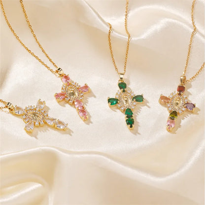 304 Stainless Steel Copper K Gold Plated Classic Style Shiny Plating Inlay Cross Zircon Necklace