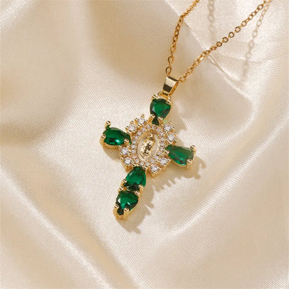 304 Stainless Steel Copper K Gold Plated Classic Style Shiny Plating Inlay Cross Zircon Necklace