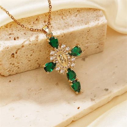 304 Stainless Steel Copper K Gold Plated Classic Style Shiny Plating Inlay Cross Zircon Necklace