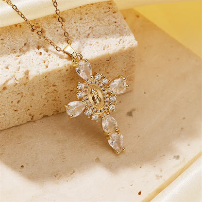 304 Stainless Steel Copper K Gold Plated Classic Style Shiny Plating Inlay Cross Zircon Necklace