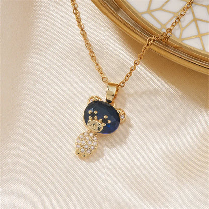 304 Stainless Steel Copper K Gold Plated Cute Sweet Korean Style Three-Dimensional Inlay Little Bear Zircon Pendant Necklace