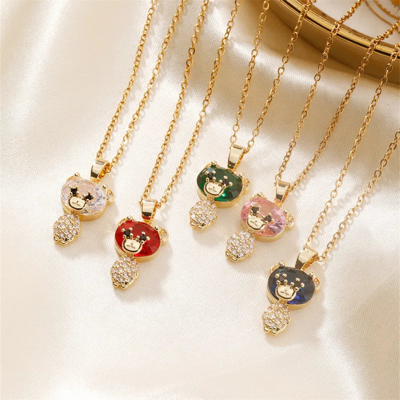 304 Stainless Steel Copper K Gold Plated Cute Sweet Korean Style Three-Dimensional Inlay Little Bear Zircon Pendant Necklace