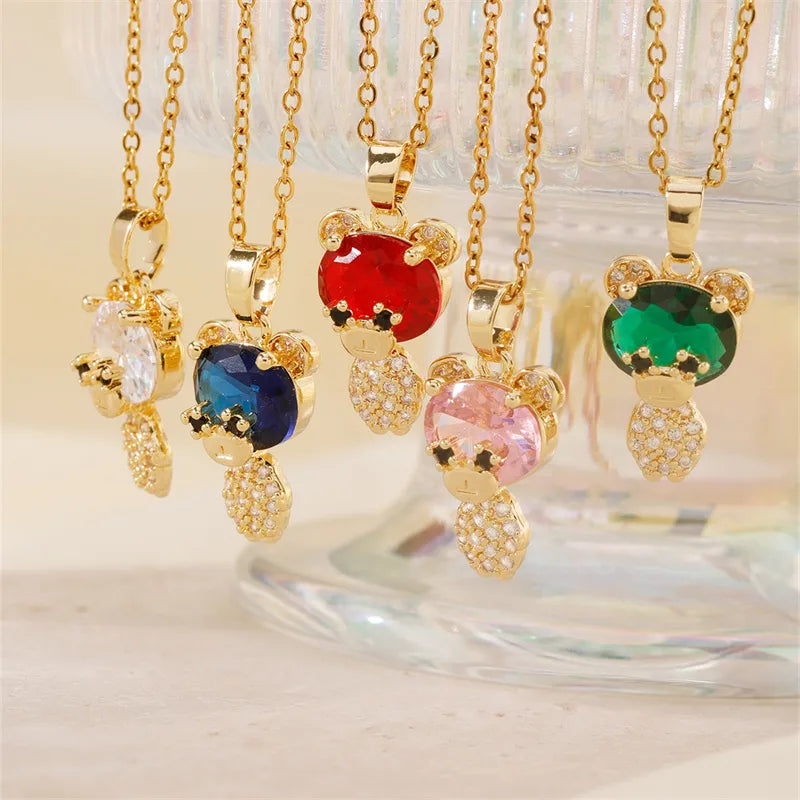 304 Stainless Steel Copper K Gold Plated Cute Sweet Korean Style Three-Dimensional Inlay Little Bear Zircon Pendant Necklace