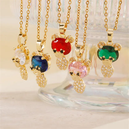 304 Stainless Steel Copper K Gold Plated Cute Sweet Korean Style Three-Dimensional Inlay Little Bear Zircon Pendant Necklace